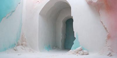 The image features a white tunnel with a blue-green hue, giving it a unique and striking appearance. The tunnel appears to be made of stone, and it leads to a large, open space. The tunnel is situated in a rocky area, and the overall atmosphere is one of intrigue and exploration. The visual style of the image is a combination of photo and digital art, creating a captivating and immersive experience for the viewer.