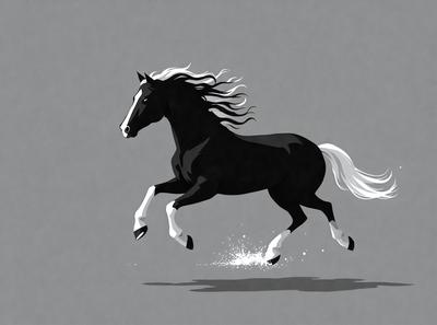 Primary subject: A black and white horse with a white tail.

Setting/background: A gray background.

Visual style: Digital art.

Colors and mood: The image is black and white, giving it a classic and timeless feel.