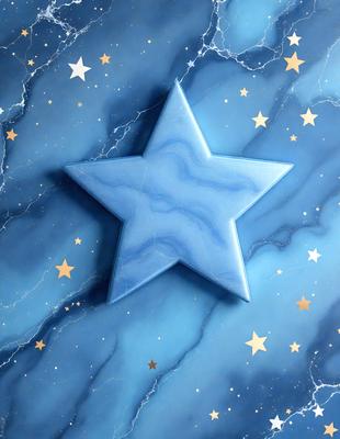 The primary subject of the image is a blue star, which is the main object, scene, or focus of the image. The setting or background features a blue and white marbled surface, which adds to the overall visual style of the image. The colors and mood of the image are predominantly blue and white, creating a calm and serene atmosphere.