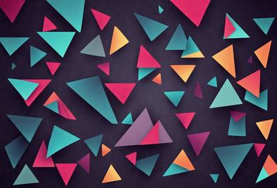 The primary subject of the image is a colorful geometric pattern, featuring a mix of triangles and other shapes. The setting is a dark background, which contrasts with the vibrant colors of the pattern. The visual style is a combination of digital art and illustration, creating a dynamic and eye-catching design. The dominant colors in the image are a mix of pink, purple, blue, and orange, giving the pattern a lively and energetic atmosphere.