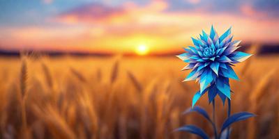 The primary subject of the image is a blue flower with a yellow center, which is situated in a field of tall, dry grass. The setting is a sunset, with the sun visible in the background. The visual style of the image is a combination of photo and digital art, creating a unique and artistic representation of the flower in its natural environment. The dominant colors in the image are blue and yellow, with the blue flower and yellow center standing out against the backdrop of the sunset. The overall atmosphere of the image is serene