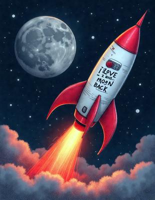 The primary subject of the image is a rocket ship, which is the main object, scene, or focus of the image. The rocket is flying through the sky, with a moon visible in the background. The setting is a night sky, and the visual style is a digital art or illustration. The colors and mood of the image are predominantly red and orange, giving it a warm and vibrant atmosphere.
