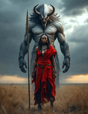 The primary subject of the image is a woman standing in front of a large, horned creature. The woman is wearing a red dress, and the horned creature appears to be a demon or a monster. The setting is a field, and the visual style is a combination of photo and digital art. The colors in the image are predominantly red and black, creating a dramatic and intense atmosphere.