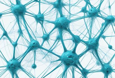 The primary subject of the image is a close-up of a blue, spiral-like structure, which appears to be a part of a larger network. The setting is a white background, which provides a clean and minimalist appearance. The visual style is a combination of digital art and illustration, creating a unique and intricate pattern. The dominant colors are blue and white, giving the image a calm and soothing atmosphere.