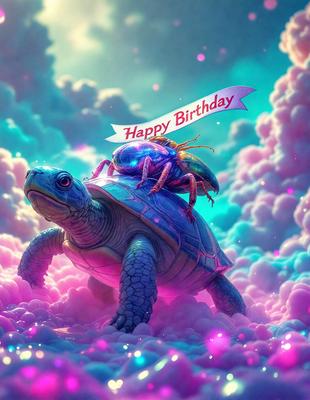 The primary subject of the image is a turtle, which is the main object, scene, or focus of the image. The turtle is riding on the back of a blue and purple butterfly, creating a unique and whimsical scene. The setting is a cloudy sky, which serves as the backdrop for the image. The visual style is digital art, as the turtle and butterfly are depicted in a vibrant and colorful manner. The colors and mood of the image