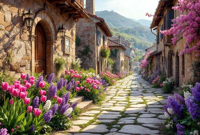 The primary subject of the image is a narrow alleyway lined with purple flowers and pink flowers. The setting is a quaint village with stone buildings and a mountain in the background. The visual style is a photo, capturing the beauty of the flowers and the charming atmosphere of the village. The colors and mood of the image are predominantly warm and inviting, with the purple and pink flowers adding a touch of elegance and charm to the scene.