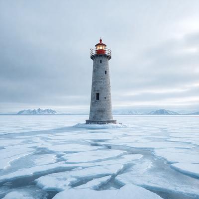 The primary subject of the image is a lighthouse standing in the middle of a frozen lake. The lighthouse is surrounded by a snowy landscape, and the sky above is cloudy. The setting is a cold, icy environment, with the lighthouse being the main focal point. The visual style of the image is a photo, capturing the beauty of the frozen landscape and the lighthouse. The colors and mood of the image are predominantly cold and wintry, with the lighthouse