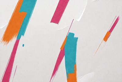 The primary subject of the image is a colorful painting or drawing on a white background. The painting features a mix of colors, including orange, pink, and blue, creating a vibrant and lively atmosphere. The setting appears to be a canvas or a piece of paper, with the artwork taking up a significant portion of the surface. The visual style of the image suggests that it is a hand-painted or digitally created piece of art, rather than a photograph or a clipart.