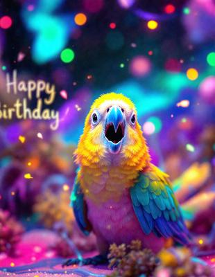 The primary subject of the image is a colorful parrot with a mouth open, likely making a sound. The parrot is the main focus of the image, and it is situated in a vibrant and colorful environment. The visual style of the image is a combination of photo and digital art, creating a unique and eye-catching scene. The dominant colors in the image are pink, blue, and yellow, which contribute to the lively and cheerful atmosphere.