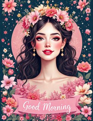 The primary subject of the image is a woman with long hair, wearing a pink dress and a flower crown. She is smiling and appears to be the main focus of the image. The setting is a pink background with a flower pattern, which adds to the overall mood of the scene. The visual style is a digital art or illustration, creating a vibrant and colorful atmosphere.