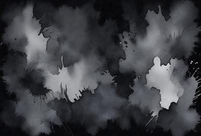 The primary subject of the image is a black and white painting of a cloudy sky. The setting is a dark background, which contrasts with the cloudy sky. The visual style is a painting, and the colors and mood are predominantly dark and moody.