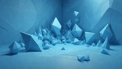 The primary subject of the image is a blue, geometric, three-dimensional structure. The setting is a blue room with a blue wall, and the visual style appears to be a combination of digital art and illustration. The dominant colors in the image are blue, and the overall atmosphere is calm and serene.