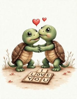 The image features two turtles standing close to each other, with one turtle kissing the other. They are positioned on a checkered surface, which adds a playful and fun element to the scene. The turtles are the primary subjects of the image, and their interaction with each other creates a warm and affectionate atmosphere.