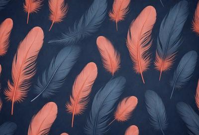 The primary subject of the image is a pattern of pink and blue feathers. The setting is a blue background, and the visual style is a digital art or illustration. The dominant colors are pink and blue, creating a vibrant and lively atmosphere.