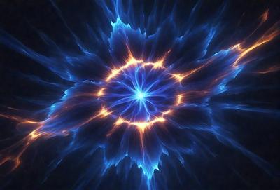 The primary subject of the image is a blue, swirling, and glowing circle. The setting is a dark background, which contrasts with the bright and vibrant colors of the circle. The visual style appears to be a combination of a photo and digital art, creating a unique and captivating image. The dominant colors are blue and orange, with the blue circle being the main focus of the image, while the orange hues add depth and warmth to the scene. The overall atmosphere is one of energy and movement,