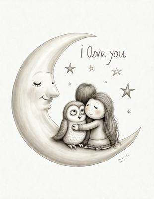 The image features a cute illustration of a girl and an owl sitting on a moon. The girl is hugging the owl, creating a warm and affectionate scene. The moon serves as the backdrop for this heartwarming moment. The visual style of the image is a combination of digital art and illustration, giving it a unique and charming appearance. The colors used in the image are predominantly white and shades of gray, which contribute to the overall mood of the scene.