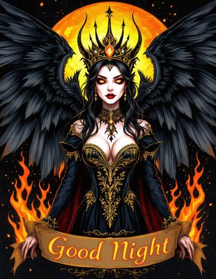 The primary subject of the image is a woman dressed in a black and gold costume, possibly a demon or angel. She is sitting on a chair and appears to be the main focus of the scene. The setting is a dark room with a fire in the background, adding to the overall atmosphere. The visual style is a digital art or illustration, with the woman's costume and the fire creating a dramatic and intriguing scene. The colors and mood are dark and mysterious, with the woman's costume