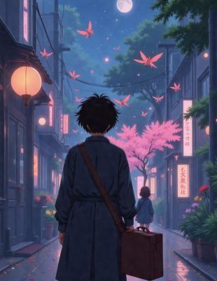 The primary subject of the image is a man walking down a street at night, carrying a suitcase. The setting is a city street with buildings and trees in the background. The visual style is a combination of photo and digital art, creating a realistic yet artistic atmosphere. The colors are predominantly dark, with some pink and purple accents from the cherry blossoms, giving the scene a moody and atmospheric feel.