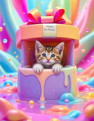 The primary subject of the image is a small kitten sitting inside a birthday cake. The cake is decorated with pink and purple frosting, and the kitten appears to be enjoying its time inside the cake. The setting is a colorful and playful environment, likely designed for a birthday celebration. The visual style of the image is a digital art or illustration, with the kitten and cake being the main focus of the composition. The colors and mood of the image are bright