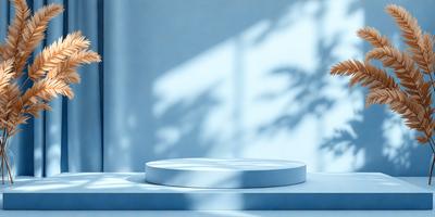 The primary subject of the image is a white, round, flat object, possibly a table or a piece of art, placed on a blue surface. The setting is a room with a window, and the visual style appears to be a photo. The colors in the image are predominantly blue, creating a calm and serene atmosphere.