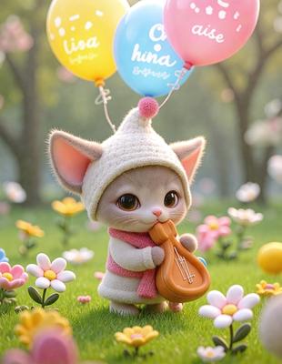The primary subject of the image is a small, cute kitten wearing a white hat and holding a tiny violin. The kitten is standing in a field of flowers, which adds a vibrant and colorful backdrop to the scene. The visual style of the image is a combination of photo and digital art, creating a whimsical and charming atmosphere. The dominant colors in the image are pink and white, which are associated with the kitten's hat and the flowers in the field. Overall, the