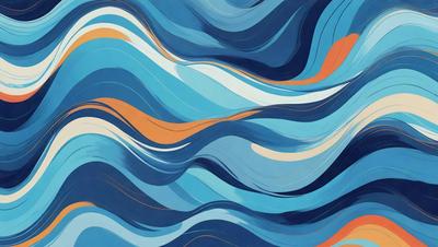 The primary subject of the image is a blue and white ocean wave. The setting is a blue ocean, and the visual style is a digital art or illustration. The dominant colors are blue and white, creating a calm and serene atmosphere.