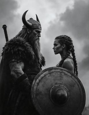 Primary subject: A man and a woman, both wearing armor, standing next to each other.

Setting/background: The man and woman are standing in front of a cloudy sky.

Visual style: The image is a black and white illustration.

Colors and mood: The mood of the image is dramatic and intense, with the black and white color scheme adding to the atmosphere.