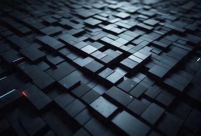 The primary subject of the image is a black and white patterned surface, which appears to be a black tile or a black and white checkered floor. The setting is a dark room, and the visual style is a close-up of the patterned surface. The colors and mood of the image are predominantly black and white, creating a sense of depth and contrast.