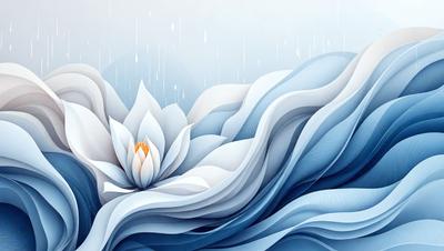The primary subject of the image is a white flower with a yellow center, which is the main focus of the scene. The setting is a blue and white ocean, with a cloudy sky in the background. The visual style of the image is a combination of digital art and illustration, creating a unique and artistic representation of the flower. The dominant colors in the image are blue, white, and yellow, giving it a calming and serene atmosphere.