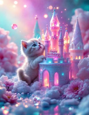 The primary subject of the image is a small kitten sitting in front of a birthday castle. The setting is a pink and purple background, which adds a festive and cheerful atmosphere to the scene. The visual style is a digital art or illustration, creating a whimsical and playful mood. The colors and mood are predominantly pink and purple, with a touch of white, giving the image a warm and celebratory feel.