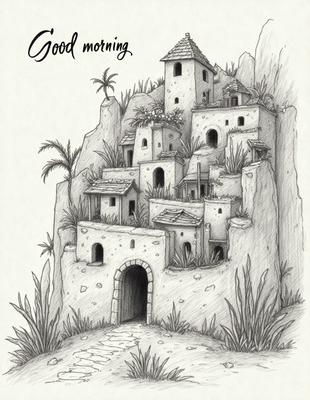 The primary subject of the image is a mountain with a small village built into it. The village is made up of several small houses, and there is a large house on top of the mountain. The setting is a mountainous landscape, and the visual style is a hand-drawn illustration. The colors and mood of the image are warm and inviting, with the village appearing to be a cozy and charming place to live.