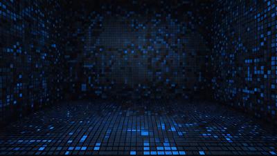 The primary subject of the image is a blue and black patterned wall. The setting is a dark room with a blue and black patterned wall. The visual style is digital art, as the image is a digital artwork. The dominant colors and overall atmosphere are blue and black, creating a moody and mysterious ambiance.