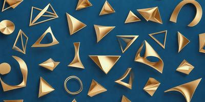 The primary subject of the image is a collection of gold triangles, which are arranged in various shapes and sizes. The setting is a blue background, which provides a contrasting color to the gold triangles. The visual style of the image is a combination of photo and digital art, as it appears to be a close-up of the triangles, yet the arrangement and colors suggest a digital artwork. The dominant colors in the image are gold and blue, creating a sense of elegance and sophistication.