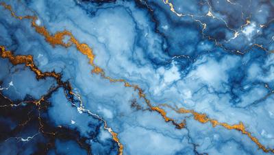 The primary subject of the image is a blue marble wall with gold accents. The setting is a room with a blue marble floor. The visual style is a photo of a marble wall with gold accents. The dominant colors are blue and gold, creating a luxurious and elegant atmosphere.