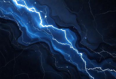The primary subject of the image is a lightning bolt, which is a striking visual element. The setting is a dark, starry sky, creating a dramatic backdrop for the lightning bolt. The visual style of the image is a combination of digital art and illustration, as it captures the lightning bolt's movement and intensity. The colors in the image are predominantly dark, with the lightning bolt being the main source of light and vibrancy. The overall atmosphere of the image is