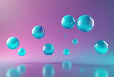 The primary subject of the image is a group of blue bubbles floating in the air. The setting is a purple background, which adds a vibrant and colorful touch to the scene. The visual style is a digital art, as the bubbles are depicted in a realistic manner. The colors and mood of the image are predominantly blue, creating a serene and calming atmosphere.