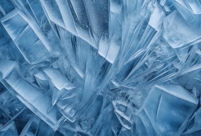 The primary subject of the image is a large, blue, and clear crystal. The setting is a blue background, which creates a striking contrast with the crystal. The visual style is a close-up of the crystal, showcasing its unique and intricate structure. The colors and mood of the image are predominantly blue, giving it a calm and serene atmosphere.