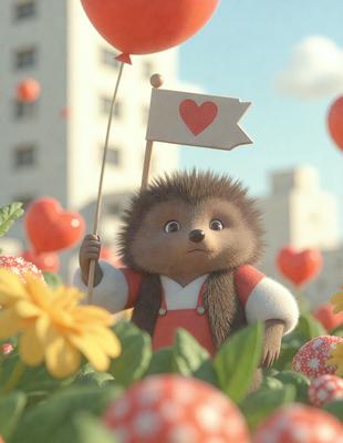 The primary subject of the image is a stuffed animal, specifically a hedgehog, holding a flag. The setting is a garden with a variety of flowers, creating a colorful and lively atmosphere. The visual style is a combination of digital art and illustration, giving the image a unique and creative appearance. The dominant colors are red, white, and yellow, which are prevalent in the flowers and the hedgehog's outfit. The overall mood of the image is cheerful and playful,