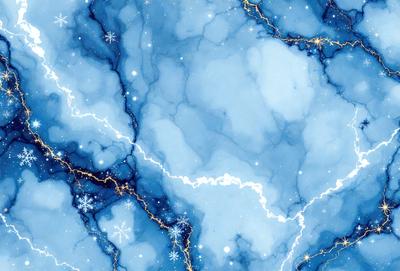 The primary subject of the image is a blue and white marble-like surface with a pattern of stars. The setting is a blue sky, and the visual style appears to be a digital art or illustration. The dominant colors are blue and white, creating a calm and serene atmosphere.