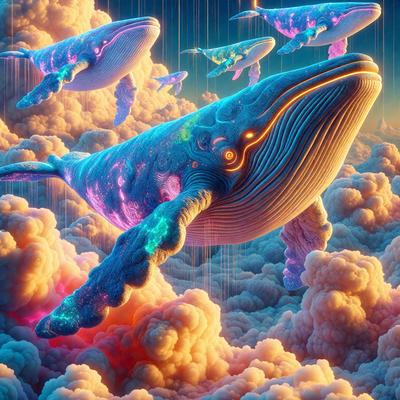 The primary subject of the image is a large blue whale with a purple tail, flying through a cloudy sky. The whale is surrounded by a few smaller whales, creating a sense of depth and movement in the scene. The setting is a cloudy sky, which adds to the overall atmosphere of the image. The visual style is a combination of digital art and illustration, creating a vibrant and dynamic scene. The colors and mood of the image are predominantly blue and purple, giving the impression of a