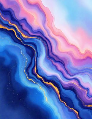 The primary subject of the image is a colorful, abstract painting featuring a blue background with a yellow and purple striped pattern. The setting is a space-like environment, with a starry background visible in the distance. The visual style of the painting is a combination of digital art and illustration, creating a vibrant and dynamic atmosphere. The dominant colors in the painting are blue, yellow, and purple, which contribute to the overall mood of the artwork.