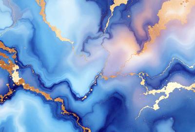 The primary subject of the image is a blue and gold painting featuring a swirling design. The setting is a blue background, and the visual style appears to be a digital art or illustration. The dominant colors in the painting are blue and gold, creating a sense of depth and richness in the artwork.