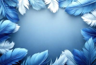 The primary subject of the image is a blue background with white feathers. The setting is a blue sky, and the visual style is a digital art or illustration. The dominant colors are blue and white, creating a calm and serene atmosphere.