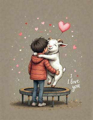 The primary subject of the image is a young boy hugging a goat. The setting is a playground, with a trampoline visible in the background. The visual style is a combination of digital art and illustration, creating a whimsical and heartwarming scene. The colors are predominantly warm and inviting, with the boy's red jacket and the goat's white fur standing out against the background. The overall atmosphere is joyful and lighthearted, as the boy and the goat