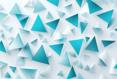 The primary subject of the image is a pattern of blue triangles. The setting is a white background, which creates a clean and minimalist appearance. The visual style is a combination of digital art and illustration, as the triangles are arranged in a visually appealing manner. The dominant colors are blue and white, creating a calm and soothing atmosphere.
