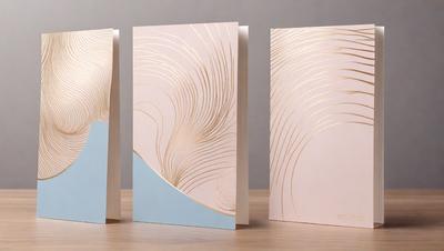The primary subject of the image is a collection of three books with gold foil designs on their covers. The books are placed on a wooden table, and the setting appears to be a room with a gray background. The visual style of the image is a combination of photo and digital art, as the books have a realistic appearance while also showcasing the gold foil designs. The colors and mood of the image are predominantly neutral, with the gold foil adding a touch of warmth and sophistication to the overall