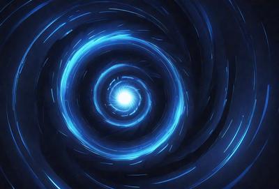 The primary subject of the image is a blue spiral, which appears to be a digital art or illustration. The setting is a dark background, and the visual style is a combination of a photo and a digital artwork. The dominant colors are blue and black, creating a mood of mystery and intrigue.