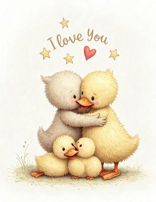 The image features a group of three baby ducks sitting on the ground, with one of them being held by a larger duck. The scene is set in a grassy area, and the visual style appears to be a combination of digital art and illustration. The colors are predominantly yellow and white, creating a warm and inviting atmosphere. The overall mood of the image is one of love and care, as the larger duck embraces the smaller ducks.