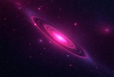 The primary subject of the image is a large, pink, swirling, and spiraling space object, possibly a nebula or a galaxy. The setting is a dark, starry sky, with the object being the main focus of the image. The visual style appears to be a combination of a photo and a digital art or illustration, creating a unique and captivating representation of the space object. The colors and mood of the image are predominantly dark and mysterious, with the pink hue of