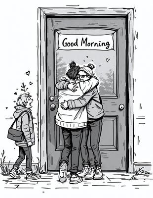 The image features a group of people hugging each other in front of a door. There are three people in the scene, with one person on the left, another in the middle, and the third on the right. They are all embracing each other, creating a warm and friendly atmosphere.

The setting is indoors, with the door being the main focal point. The visual style of the image is a black and white drawing, giving it a classic and timeless appearance. The colors and mood of the scene